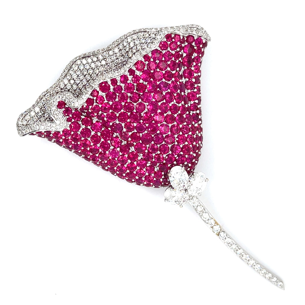 Gorgeous 18k White Gold Ruby and Diamond Floral Brooch 11.50 CTW
