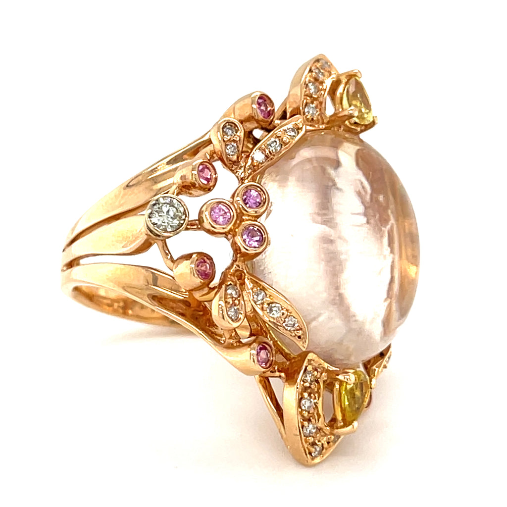 18k Rose Gold Clear Quartz Cabochon Solitaire Ring w/ Sapphire Accents Sz 6.75
