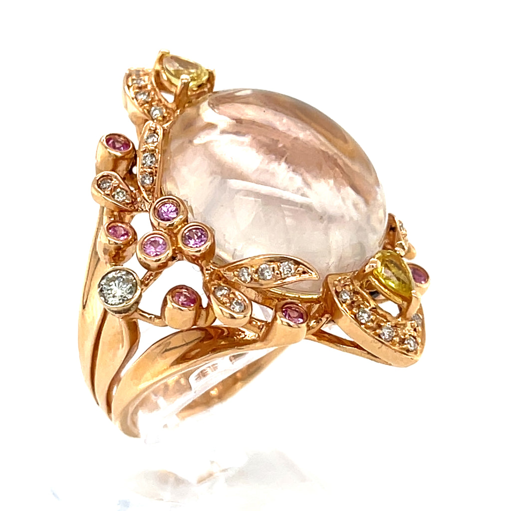18k Rose Gold Clear Quartz Cabochon Solitaire Ring w/ Sapphire Accents Sz 6.75