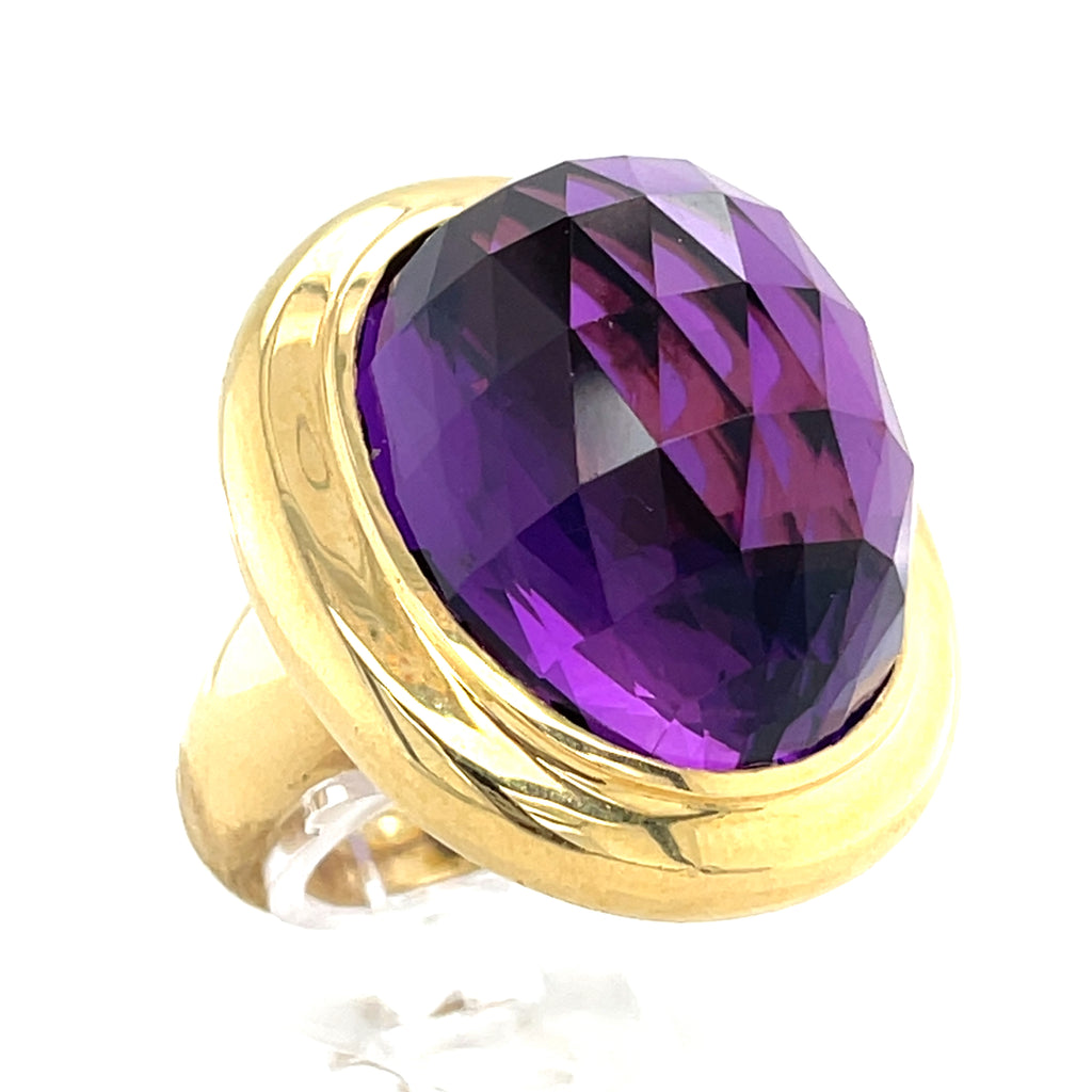 14k Yellow Gold Faceted Oval Amethyst Ring Size 8.25