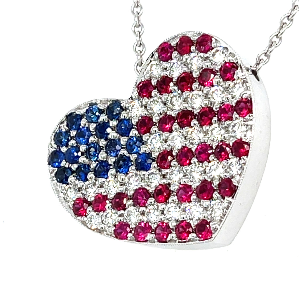 18k White Gold Diamond, Ruby, Sapphire American Flag Heart Pendant 16"