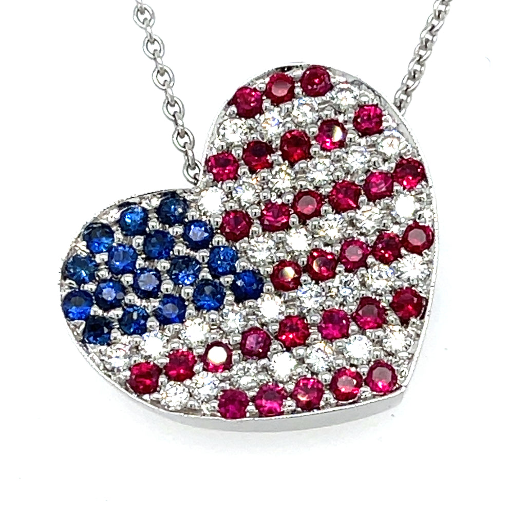 18k White Gold Diamond, Ruby, Sapphire American Flag Heart Pendant 16"