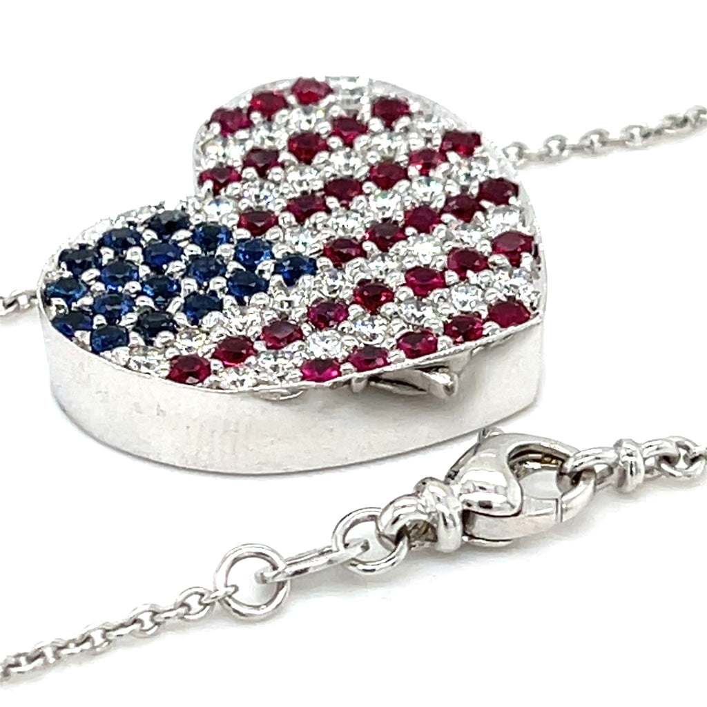 18k White Gold Diamond, Ruby, Sapphire American Flag Heart Pendant 16"