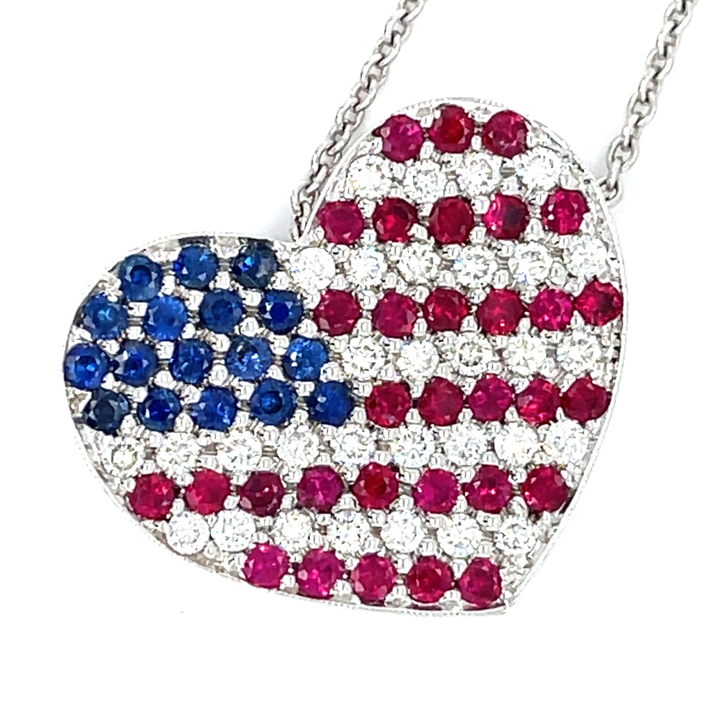 18k White Gold Diamond, Ruby, Sapphire American Flag Heart Pendant 16"