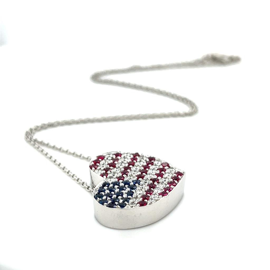 18k White Gold Diamond, Ruby, Sapphire American Flag Heart Pendant 16"