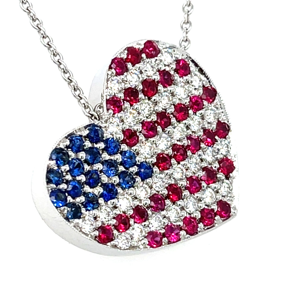 18k White Gold Diamond, Ruby, Sapphire American Flag Heart Pendant 16"