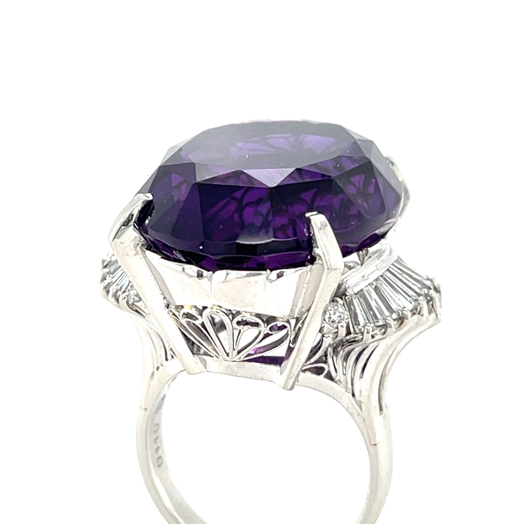 Platinum 34.68 ct Amethyst Cocktail Ring 1.10 ct Ballerina Diamonds Size 6.5