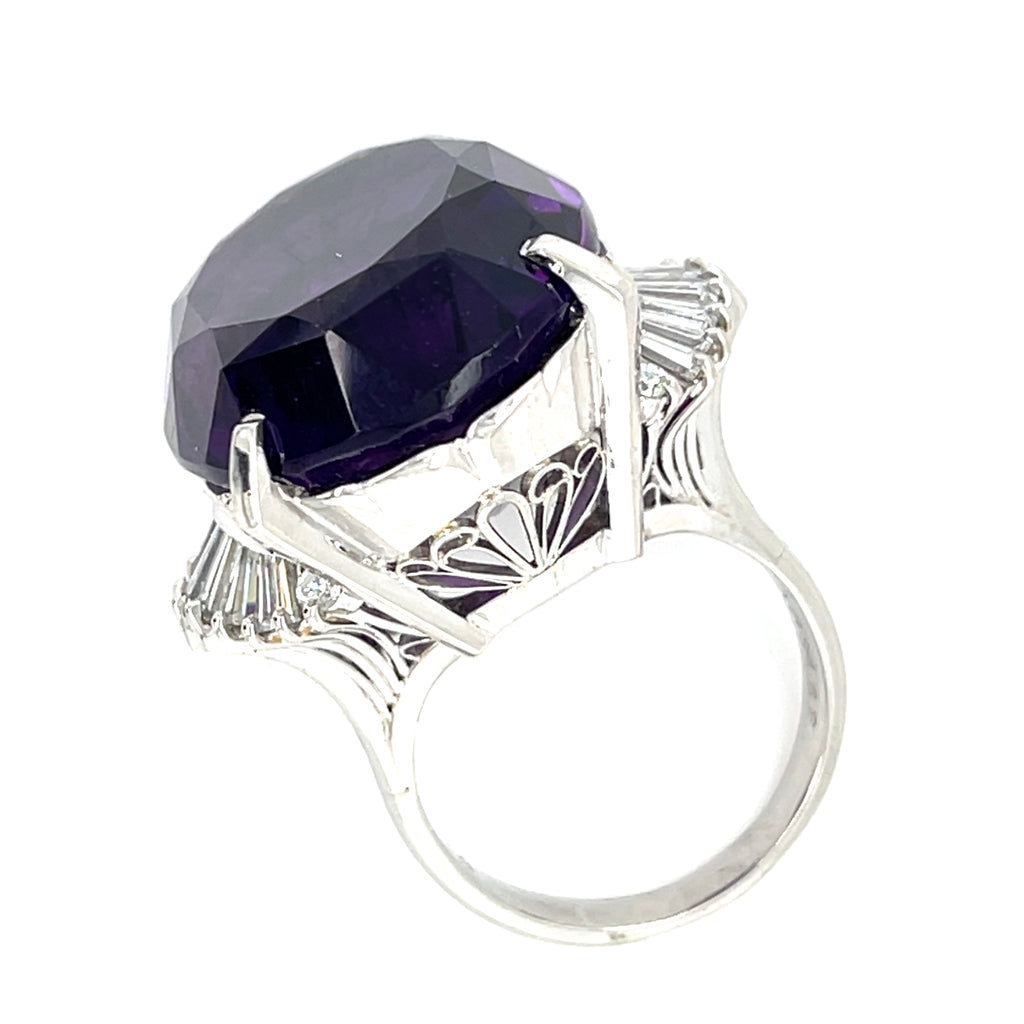 Platinum 34.68 ct Amethyst Cocktail Ring 1.10 ct Ballerina Diamonds Size 6.5