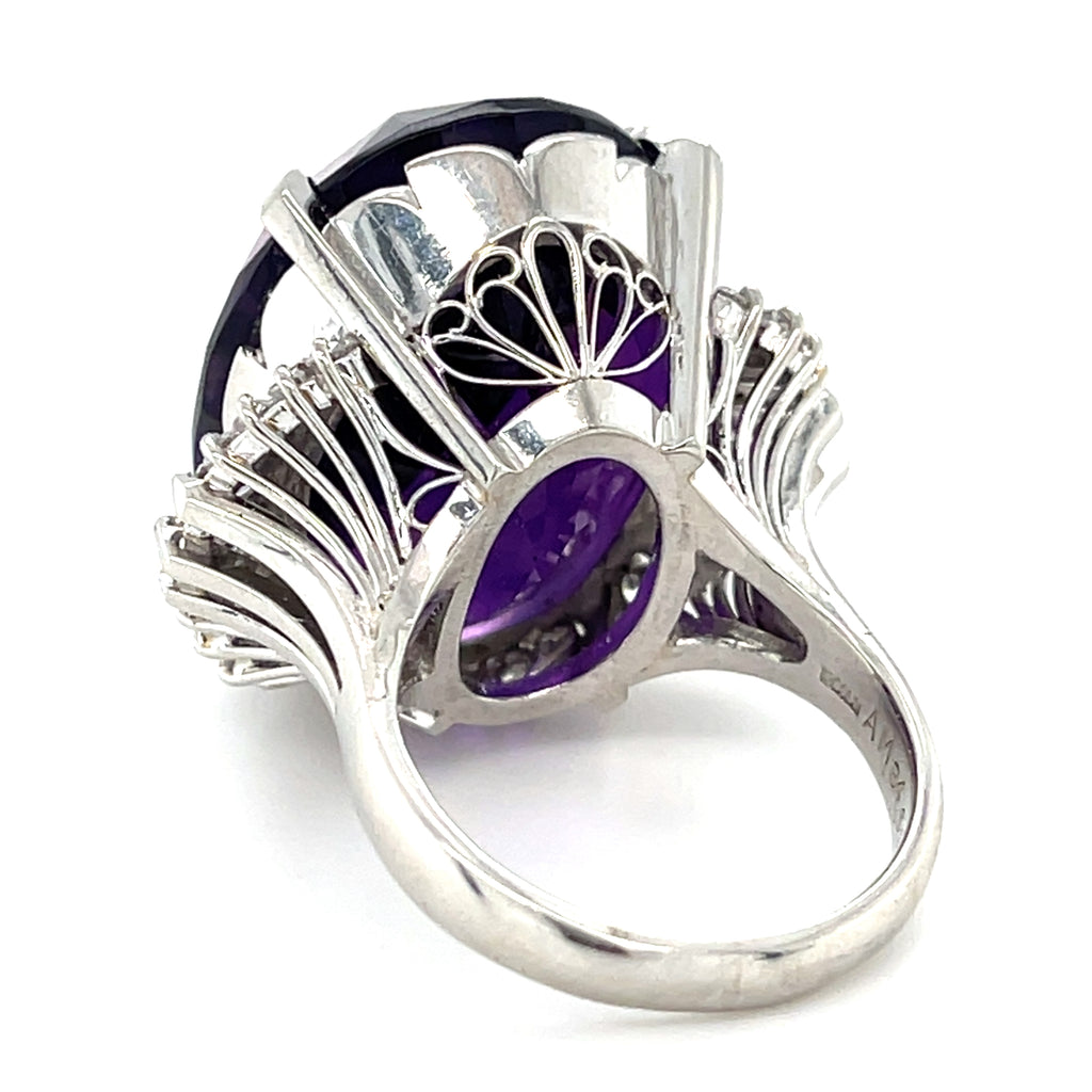 Platinum 34.68 ct Amethyst Cocktail Ring 1.10 ct Ballerina Diamonds Size 6.5