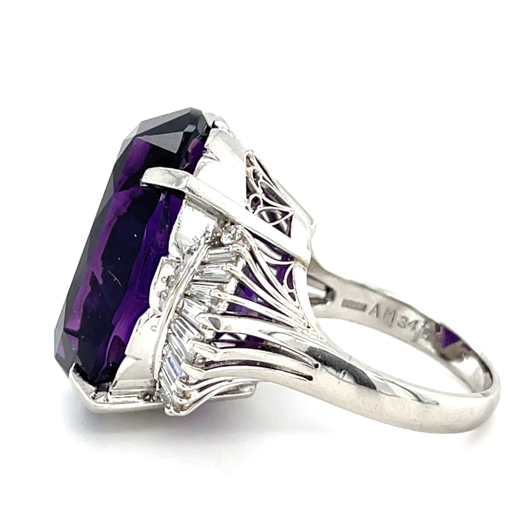 Platinum 34.68 ct Amethyst Cocktail Ring 1.10 ct Ballerina Diamonds Size 6.5