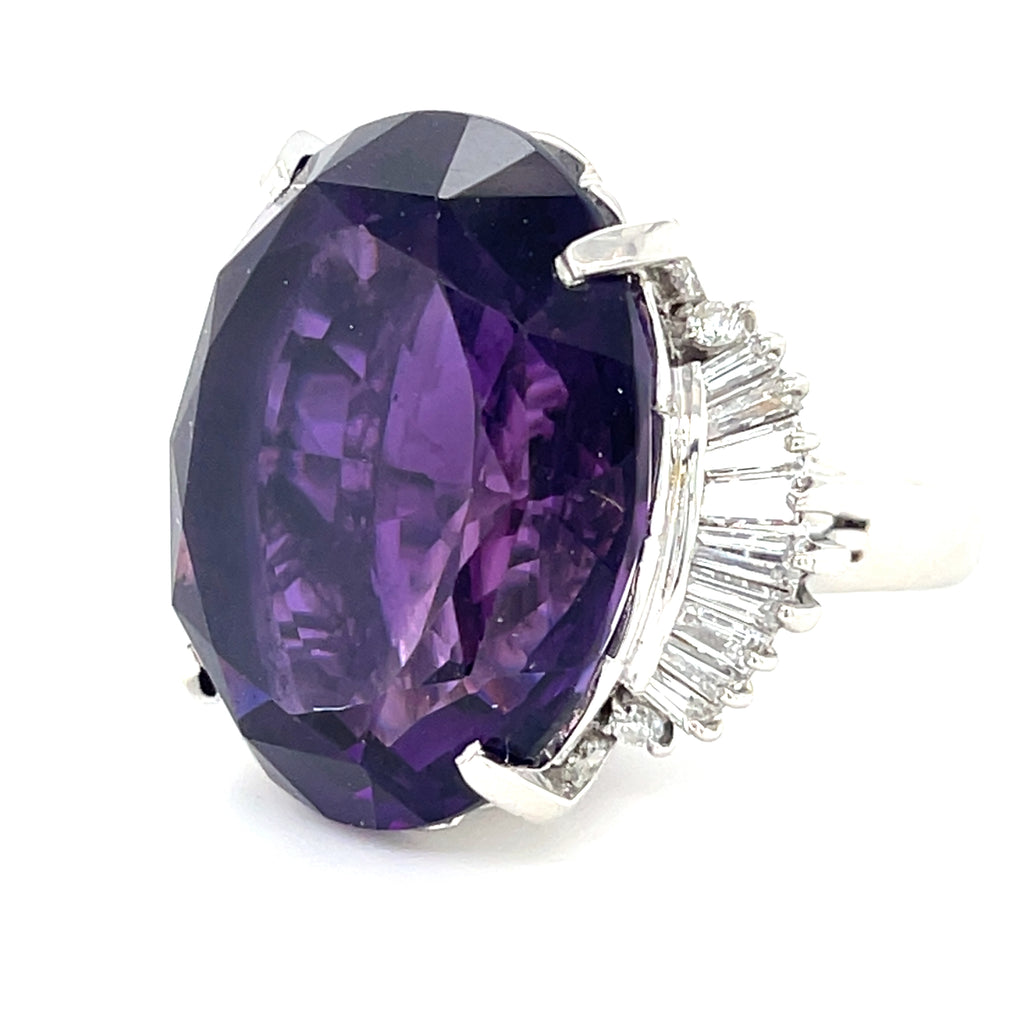 Platinum 34.68 ct Amethyst Cocktail Ring 1.10 ct Ballerina Diamonds Size 6.5