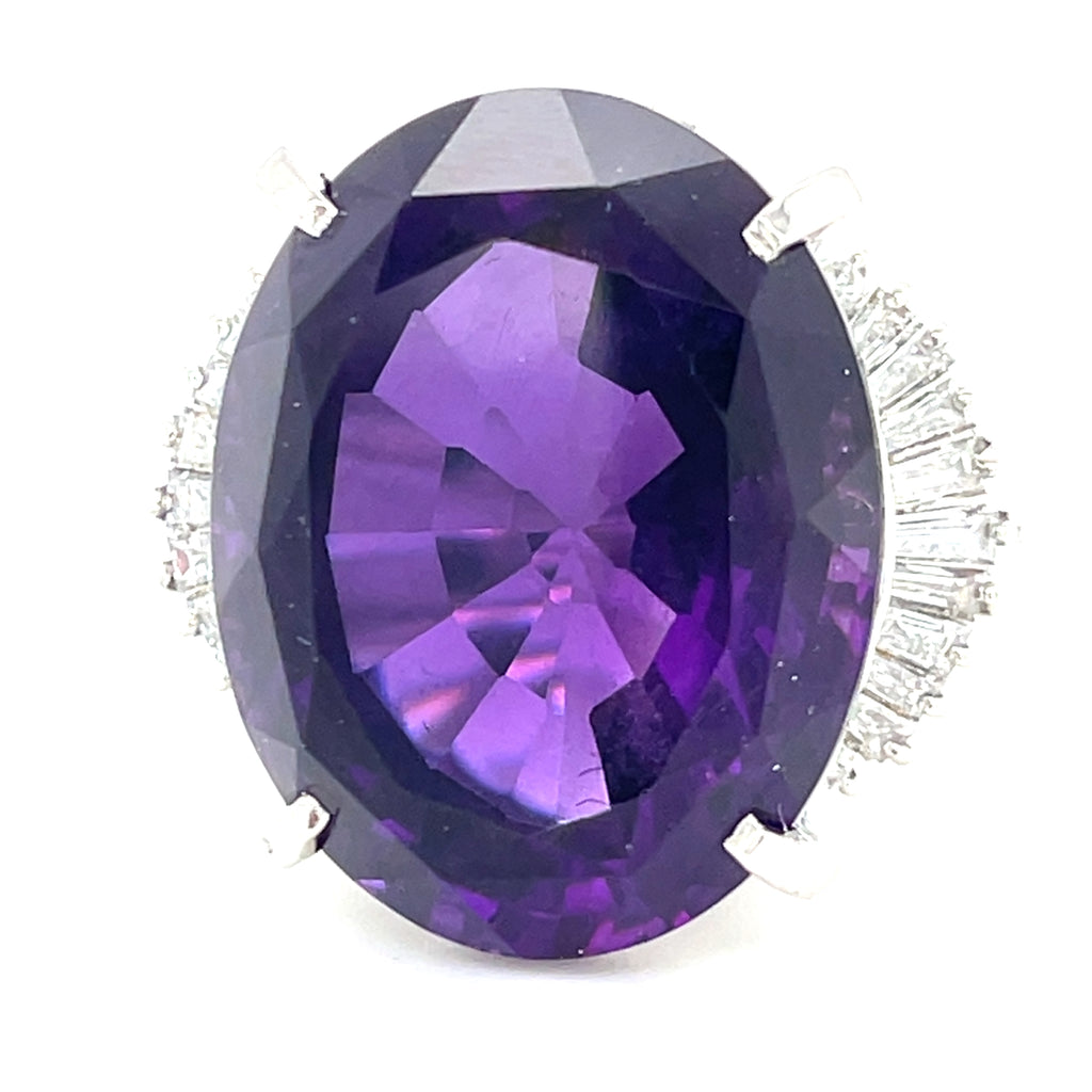Platinum 34.68 ct Amethyst Cocktail Ring 1.10 ct Ballerina Diamonds Size 6.5