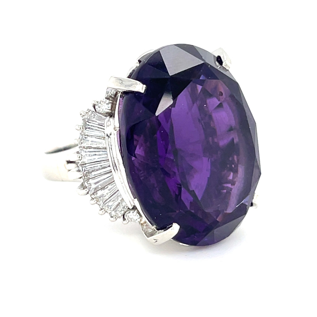 Platinum 34.68 ct Amethyst Cocktail Ring 1.10 ct Ballerina Diamonds Size 6.5