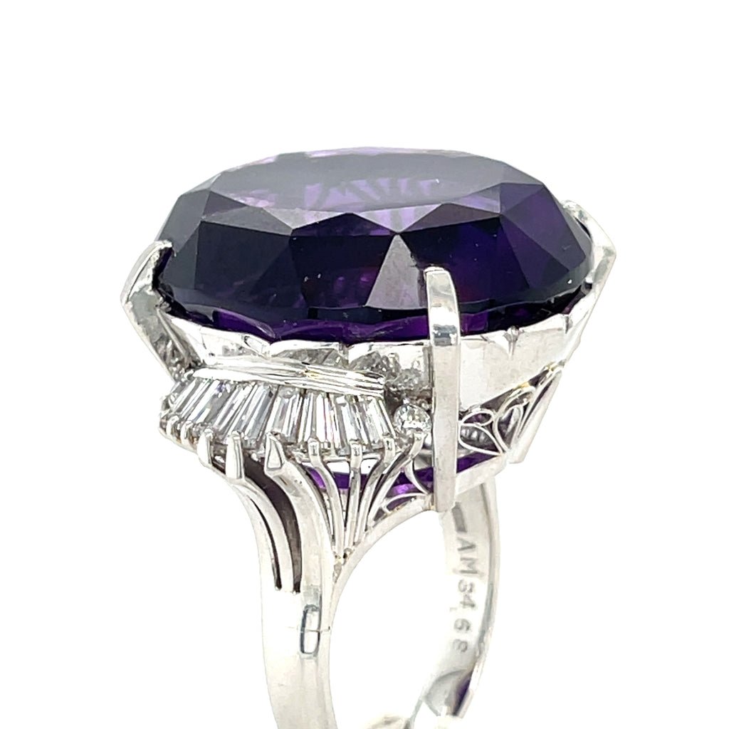 Platinum 34.68 ct Amethyst Cocktail Ring 1.10 ct Ballerina Diamonds Size 6.5