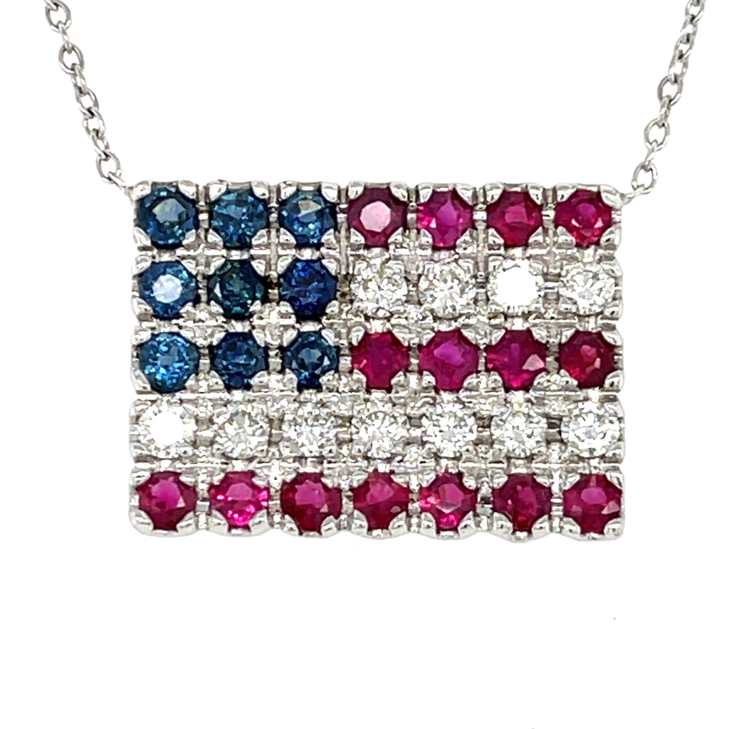 14k White Gold 1.90 ct Diamond, Ruby, and Sapphire American Flag Pendant 17"