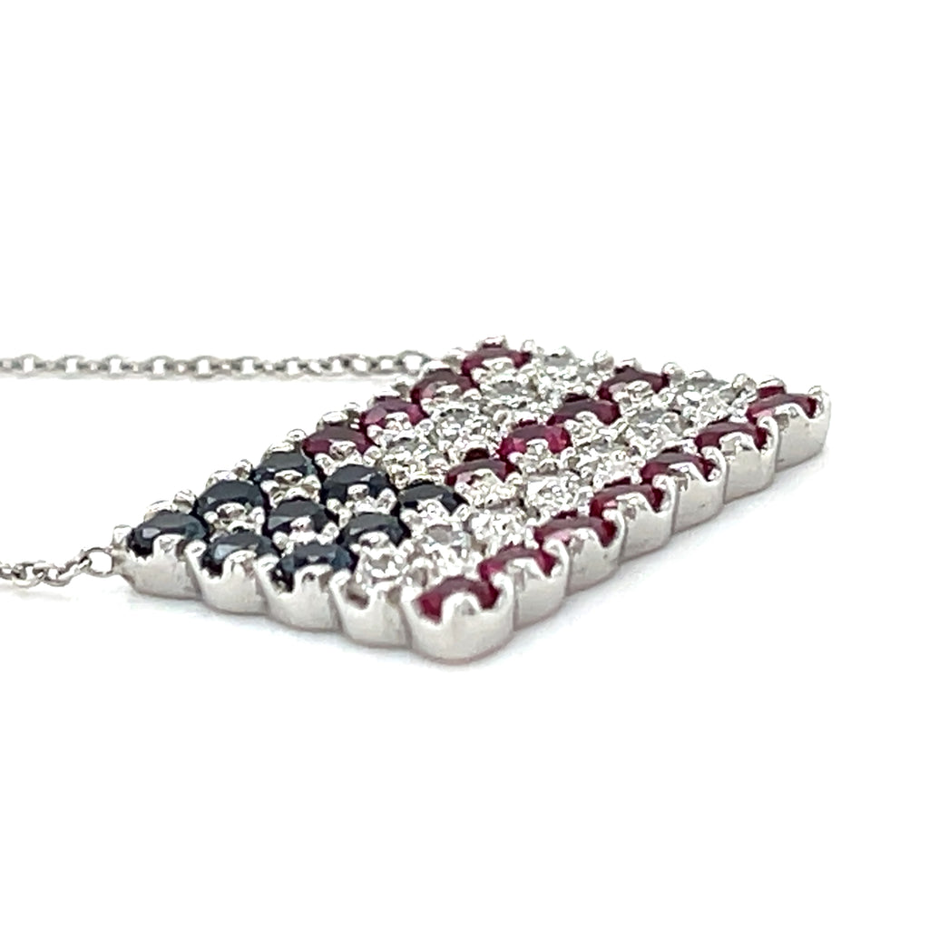 14k White Gold 1.90 ct Diamond, Ruby, and Sapphire American Flag Pendant 17"