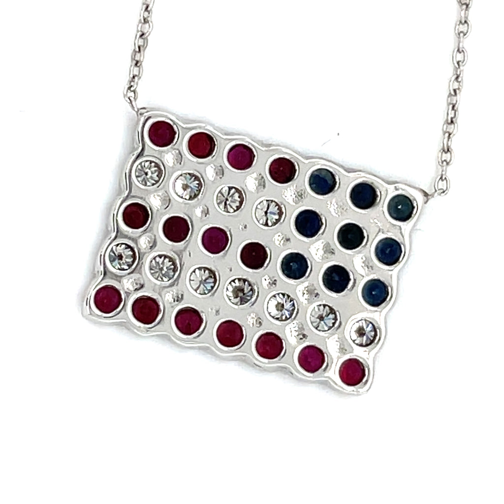 14k White Gold 1.90 ct Diamond, Ruby, and Sapphire American Flag Pendant 17"