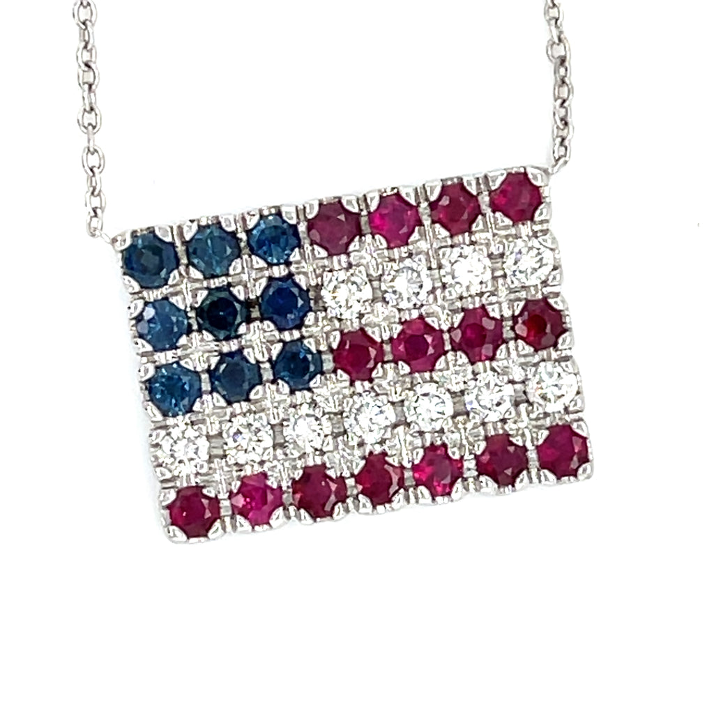 14k White Gold 1.90 ct Diamond, Ruby, and Sapphire American Flag Pendant 17"