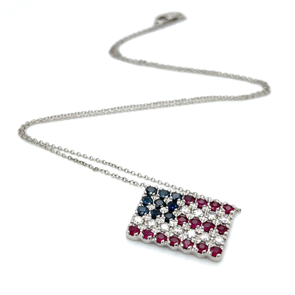 14k White Gold 1.90 ct Diamond, Ruby, and Sapphire American Flag Pendant 17"