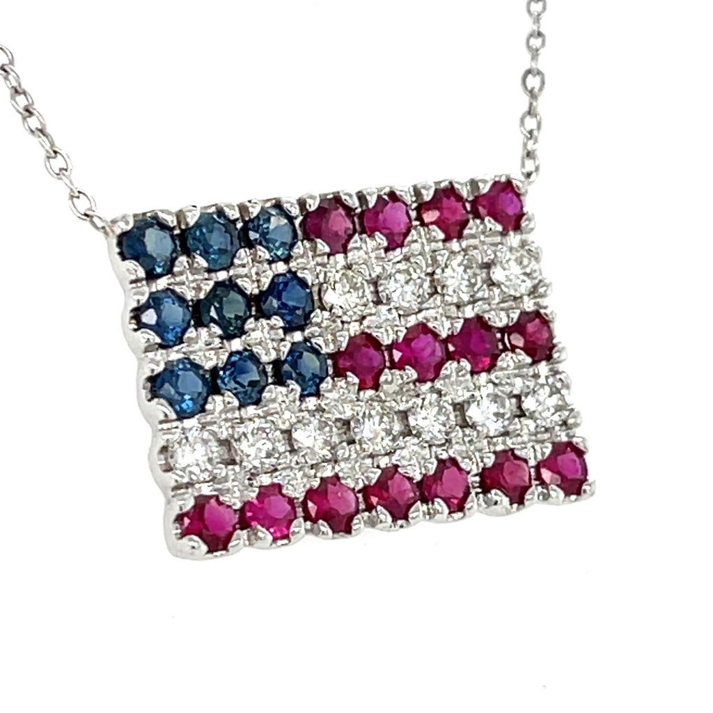 14k White Gold 1.90 ct Diamond, Ruby, and Sapphire American Flag Pendant 17"