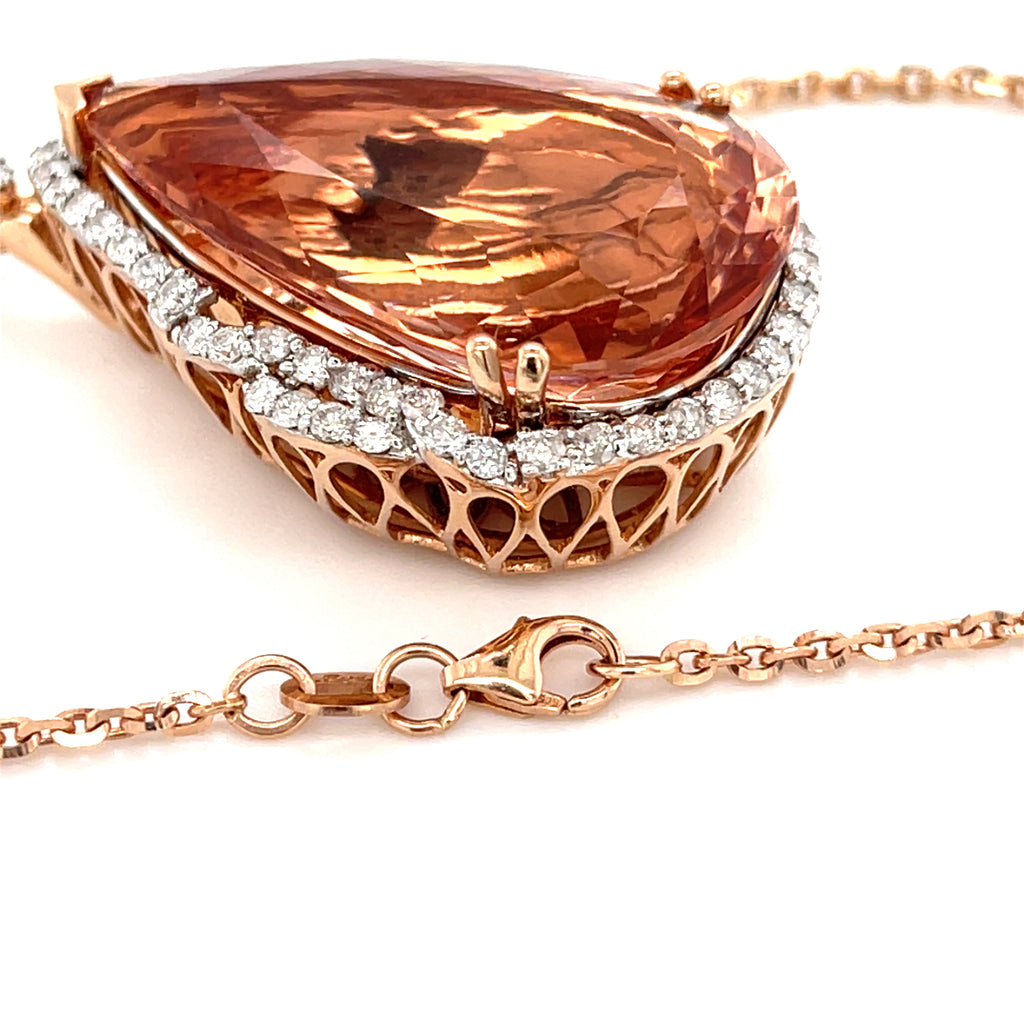 Gorgeous 14k Rose Gold 35.52 Pear Morganite Pendant with 1.37 ct Diamond 20"