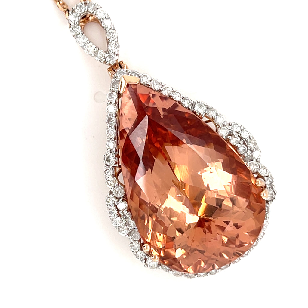 Gorgeous 14k Rose Gold 35.52 Pear Morganite Pendant with 1.37 ct Diamond 20"