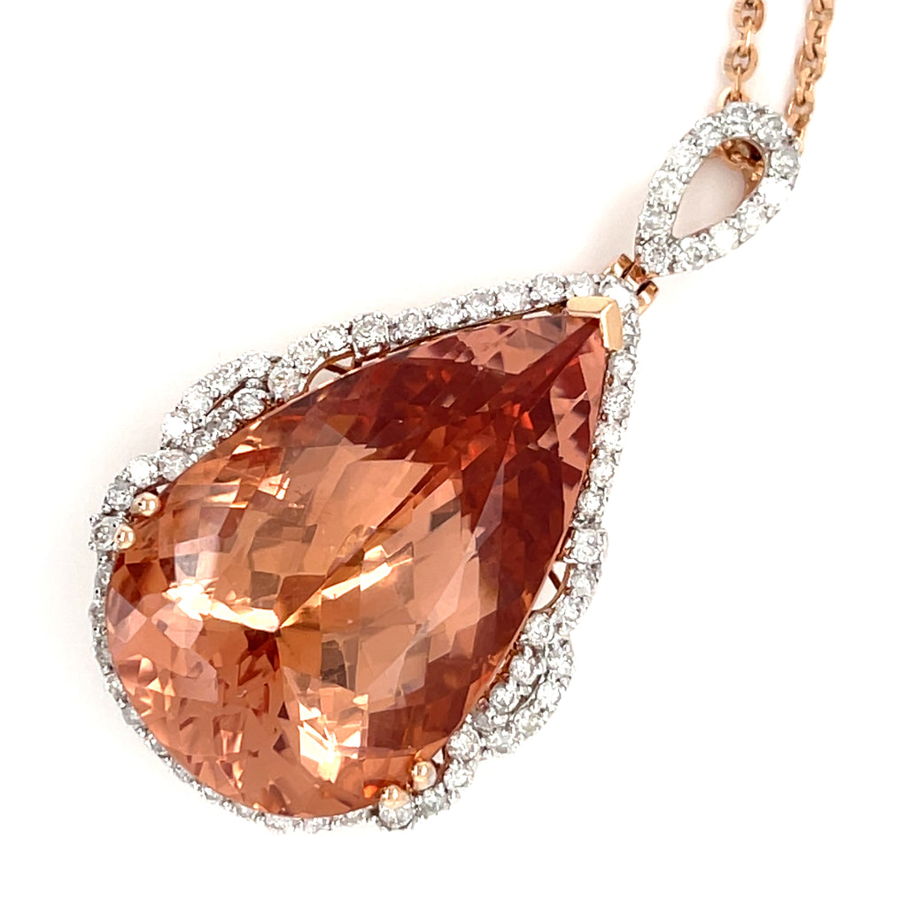 Gorgeous 14k Rose Gold 35.52 Pear Morganite Pendant with 1.37 ct Diamond 20"