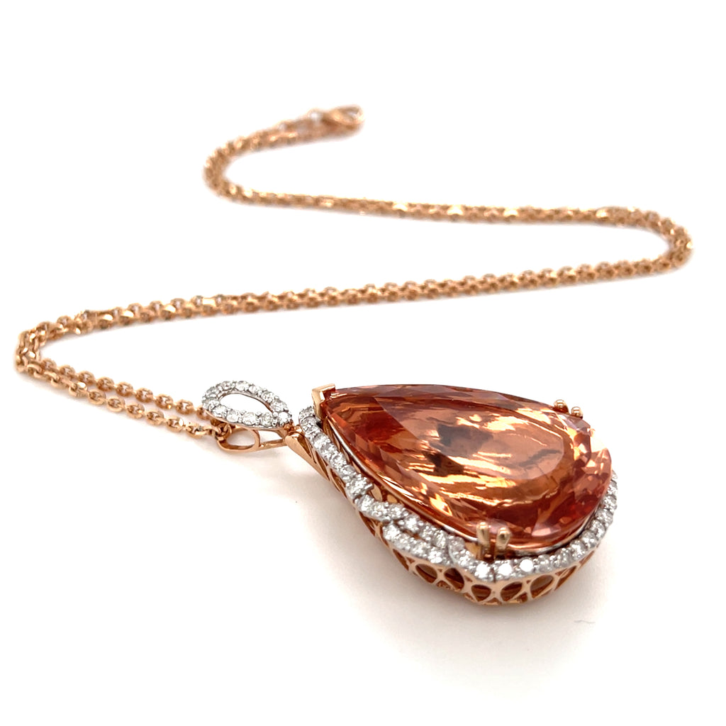 Gorgeous 14k Rose Gold 35.52 Pear Morganite Pendant with 1.37 ct Diamond 20"