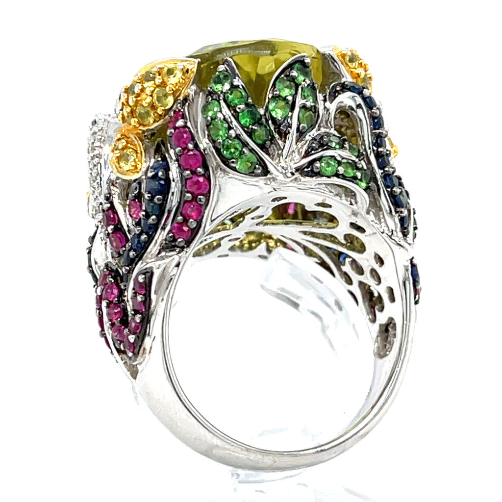 18k White Gold Oval Citrine Cocktail Butterfly Ring with Gemstones Size 7.75