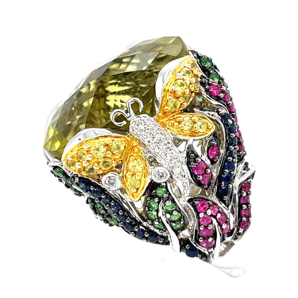 18k White Gold Oval Citrine Cocktail Butterfly Ring with Gemstones Size 7.75