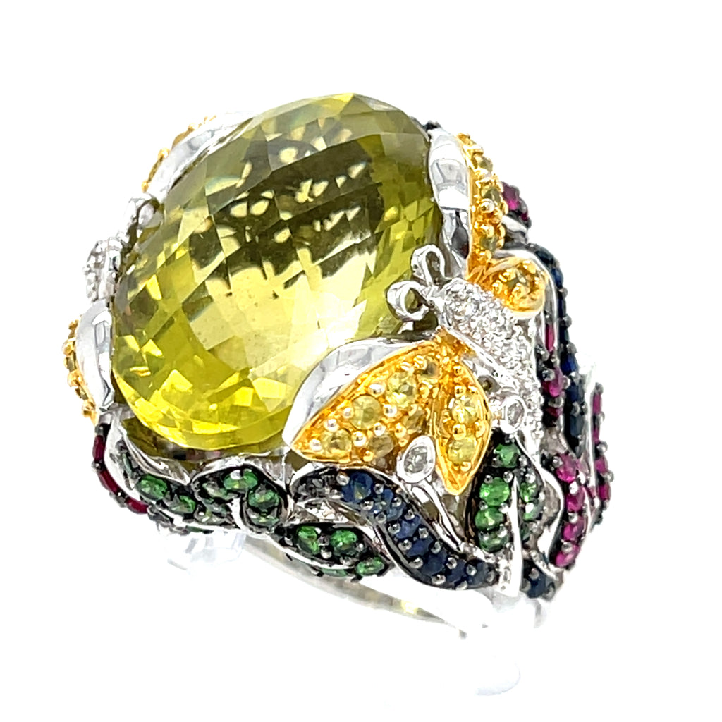 18k White Gold Oval Citrine Cocktail Butterfly Ring with Gemstones Size 7.75