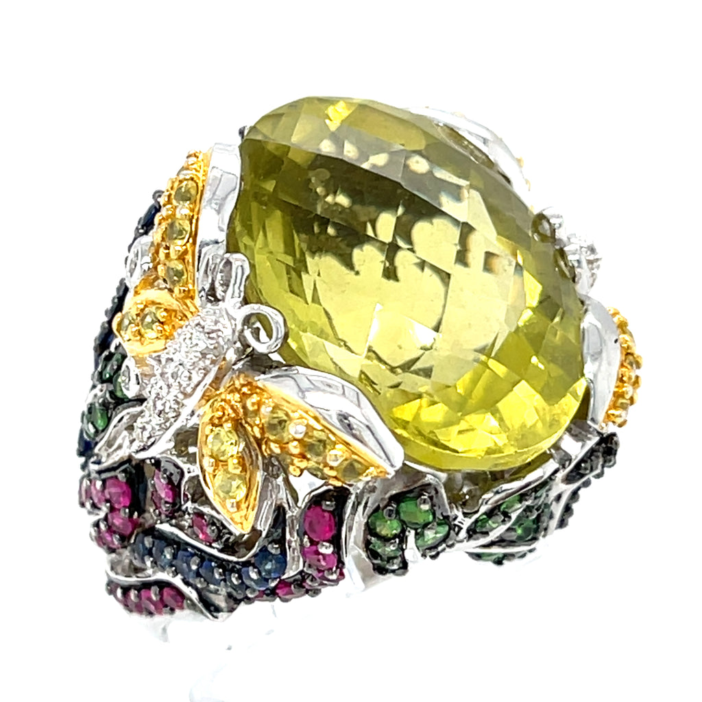 18k White Gold Oval Citrine Cocktail Butterfly Ring with Gemstones Size 7.75