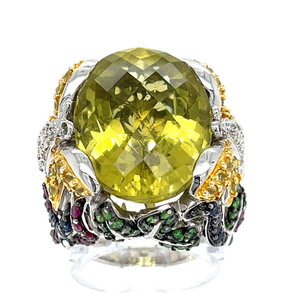 18k White Gold Oval Citrine Cocktail Butterfly Ring with Gemstones Size 7.75