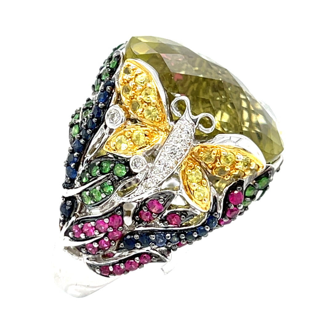 18k White Gold Oval Citrine Cocktail Butterfly Ring with Gemstones Size 7.75
