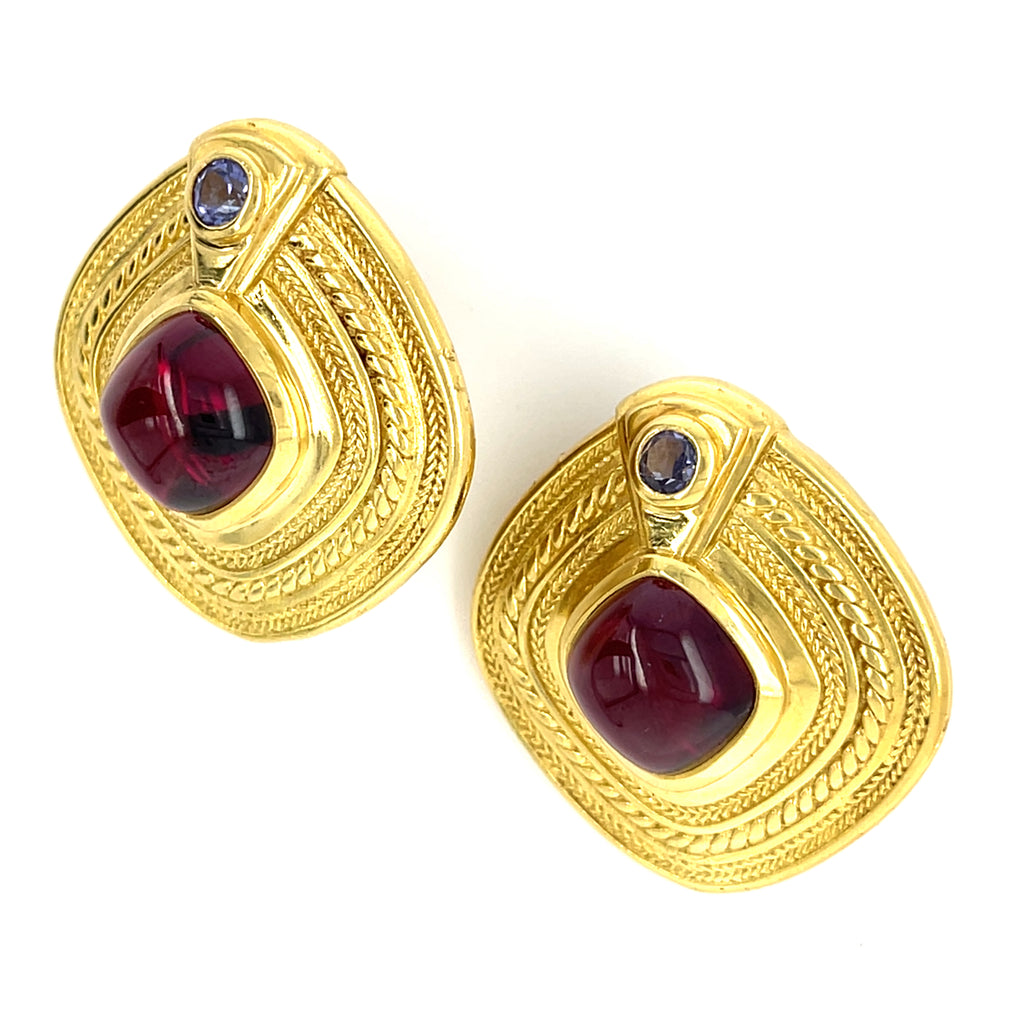 SeidanGang 18k Yellow Gold Garnet and Tanzanite Cabochon Earrings