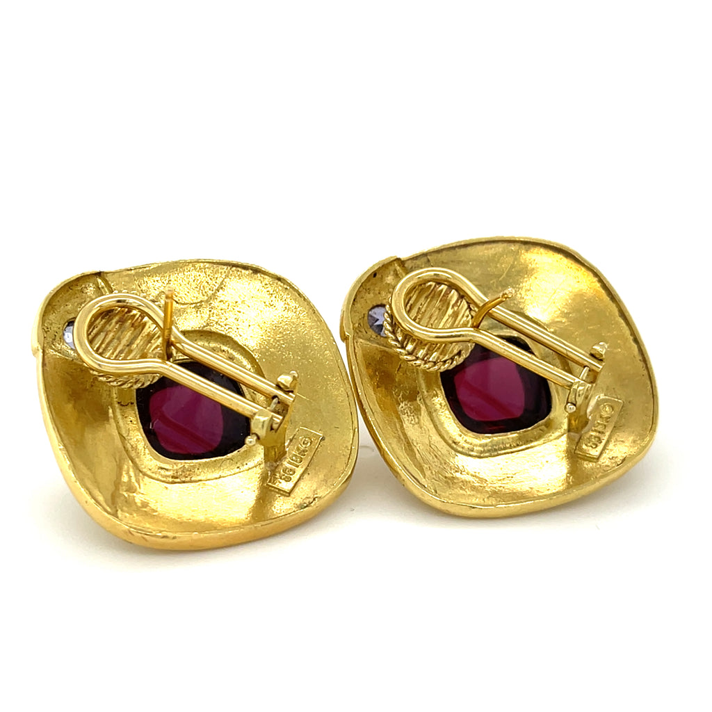 SeidanGang 18k Yellow Gold Garnet and Tanzanite Cabochon Earrings