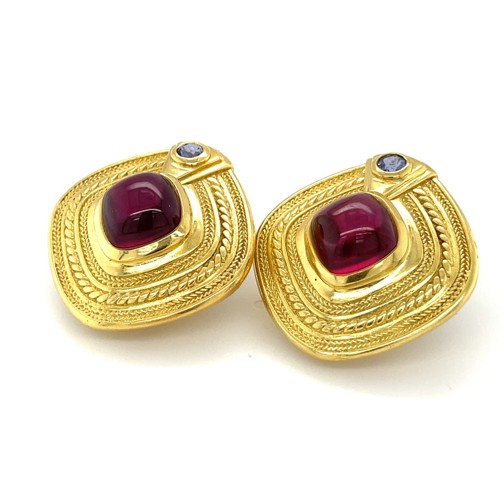 SeidanGang 18k Yellow Gold Garnet and Tanzanite Cabochon Earrings