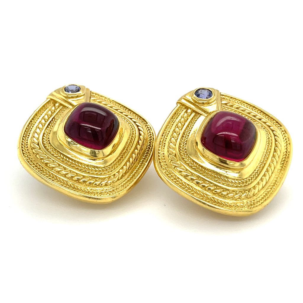 SeidanGang 18k Yellow Gold Garnet and Tanzanite Cabochon Earrings