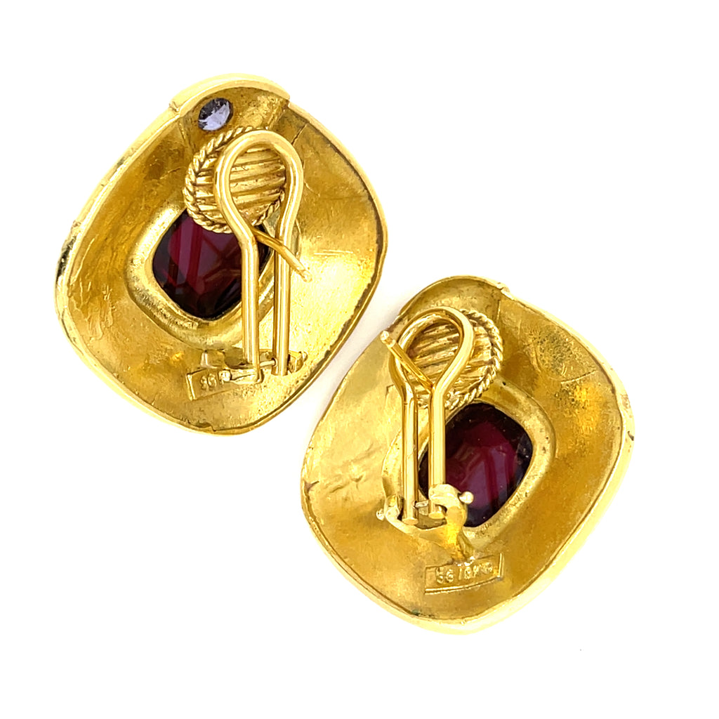 SeidanGang 18k Yellow Gold Garnet and Tanzanite Cabochon Earrings