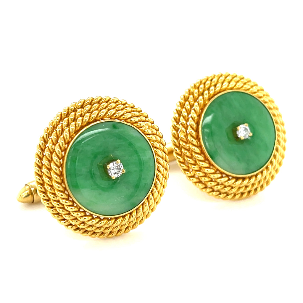 18k Yellow Gold Jadeite Jade Cufflinks with 0.10 ct Diamond Accents