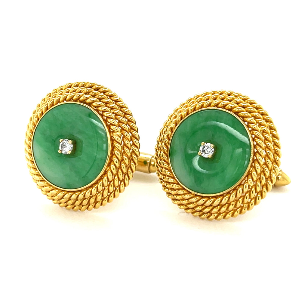 18k Yellow Gold Jadeite Jade Cufflinks with 0.10 ct Diamond Accents