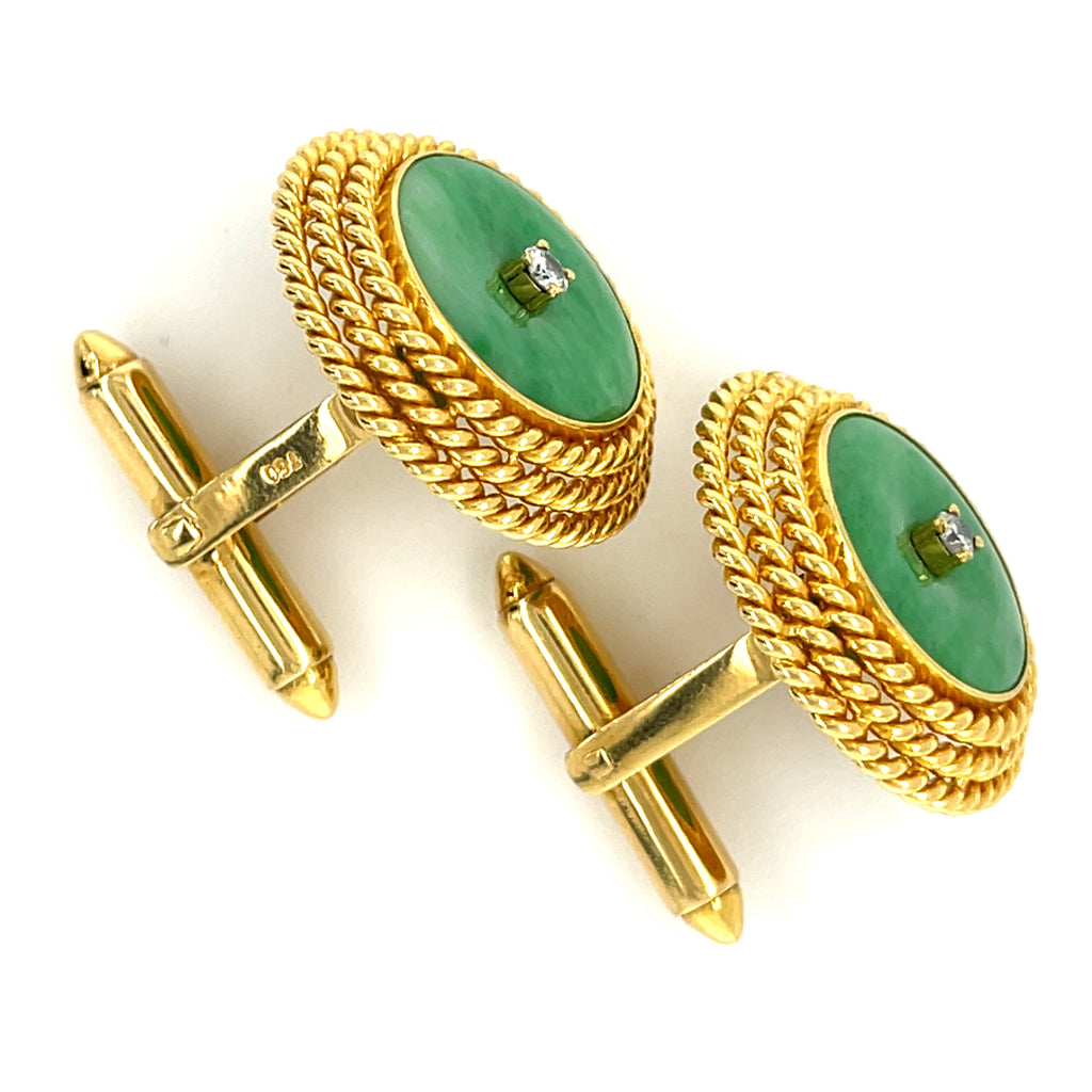 18k Yellow Gold Jadeite Jade Cufflinks with 0.10 ct Diamond Accents