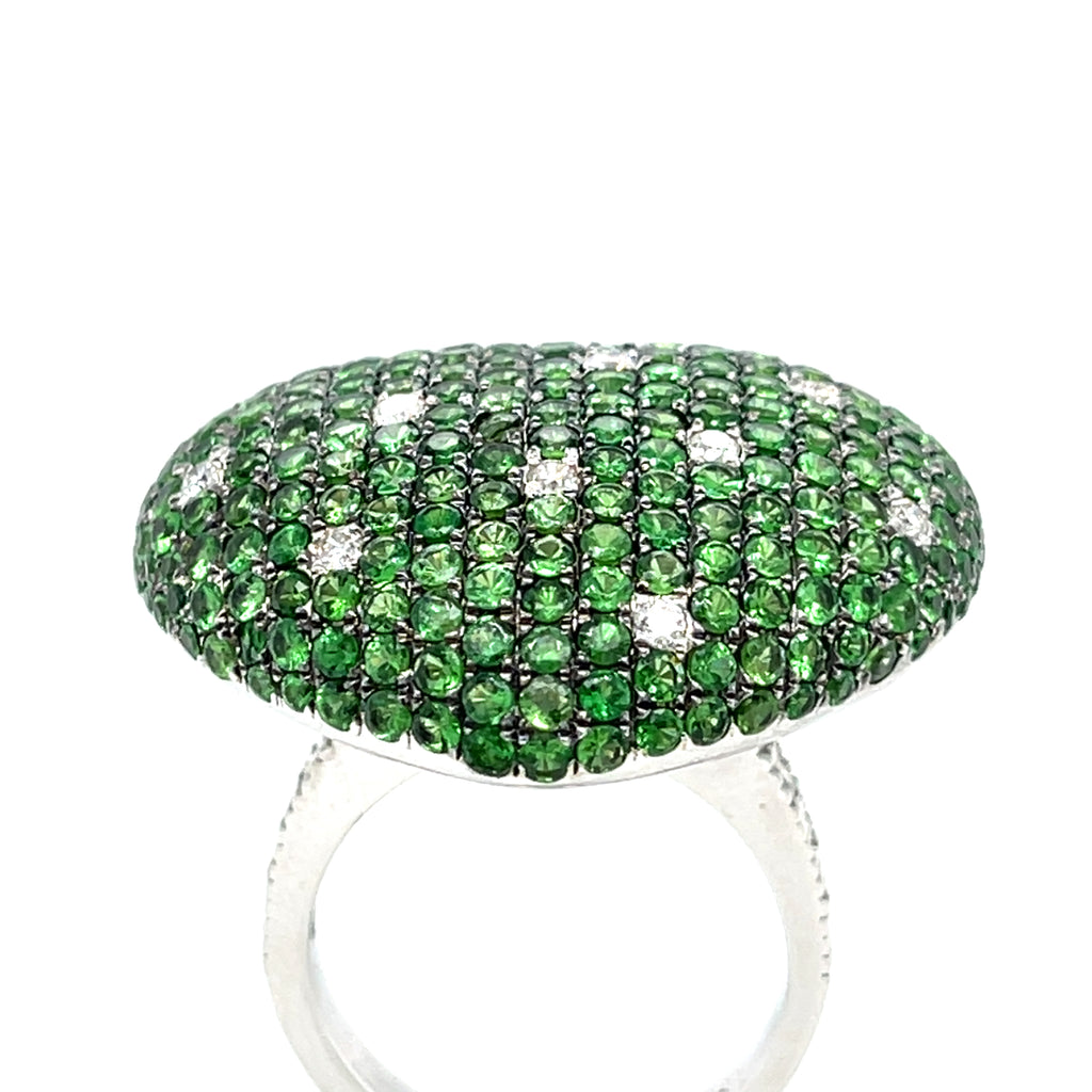 18K White Gold Heart Bombe Ring 4.60 ct Tsavorite and 0.30 ct Diamond Size 7