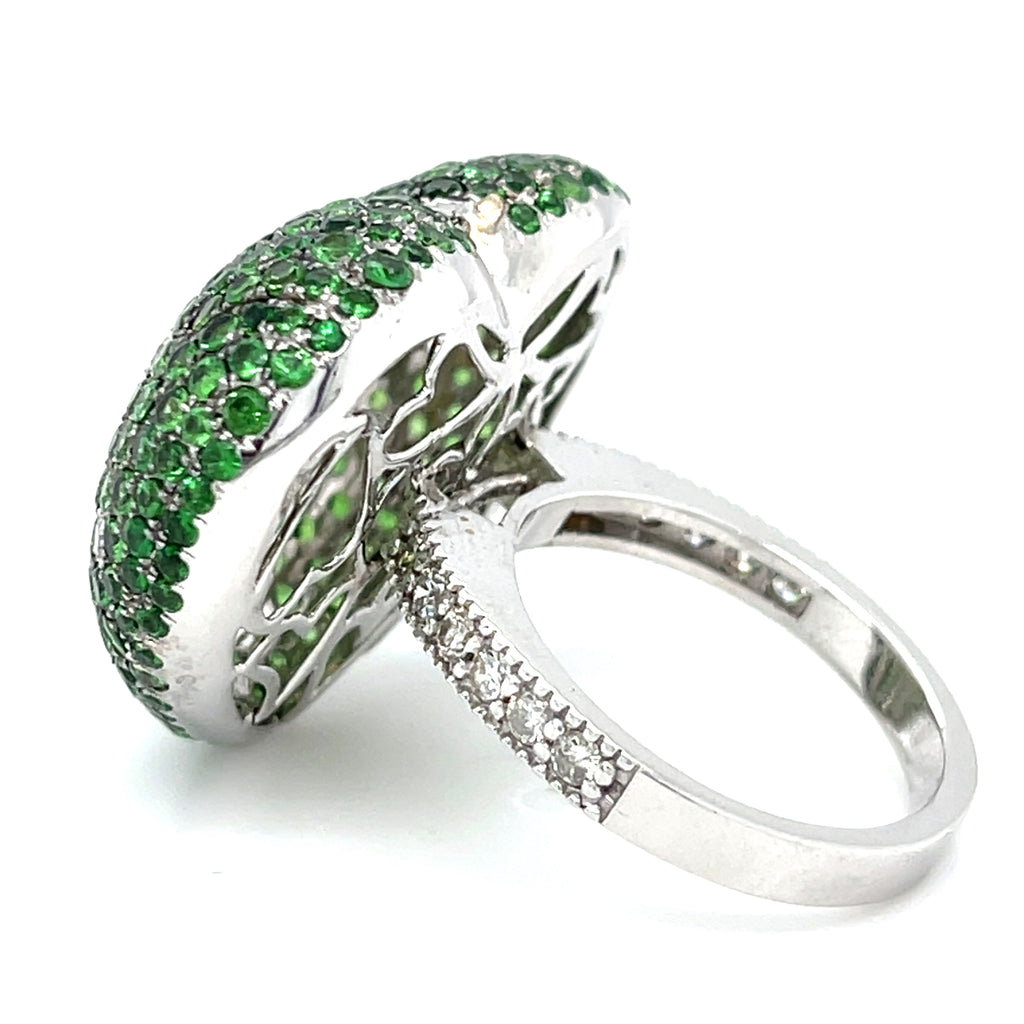 18K White Gold Heart Bombe Ring 4.60 ct Tsavorite and 0.30 ct Diamond Size 7