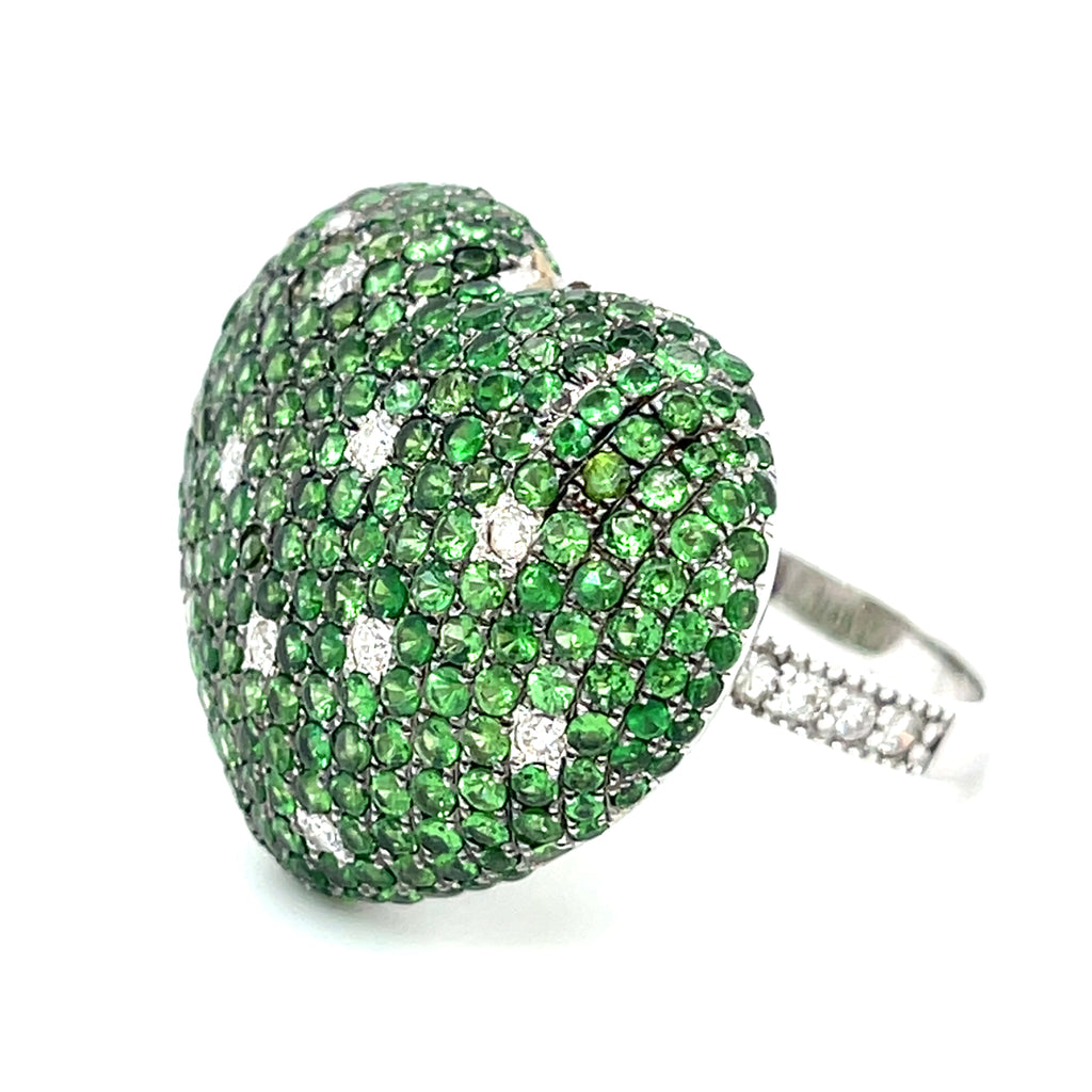 18K White Gold Heart Bombe Ring 4.60 ct Tsavorite and 0.30 ct Diamond Size 7