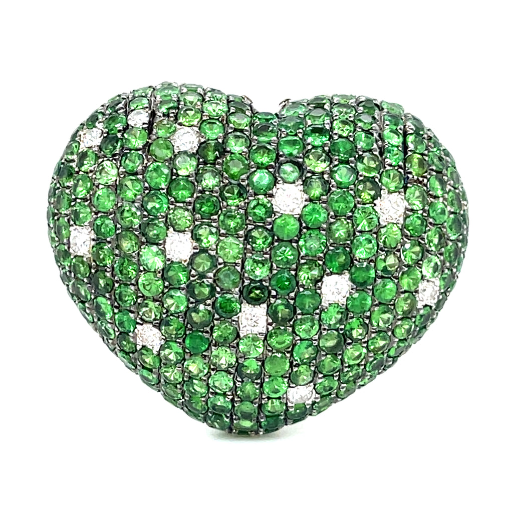 18K White Gold Heart Bombe Ring 4.60 ct Tsavorite and 0.30 ct Diamond Size 7