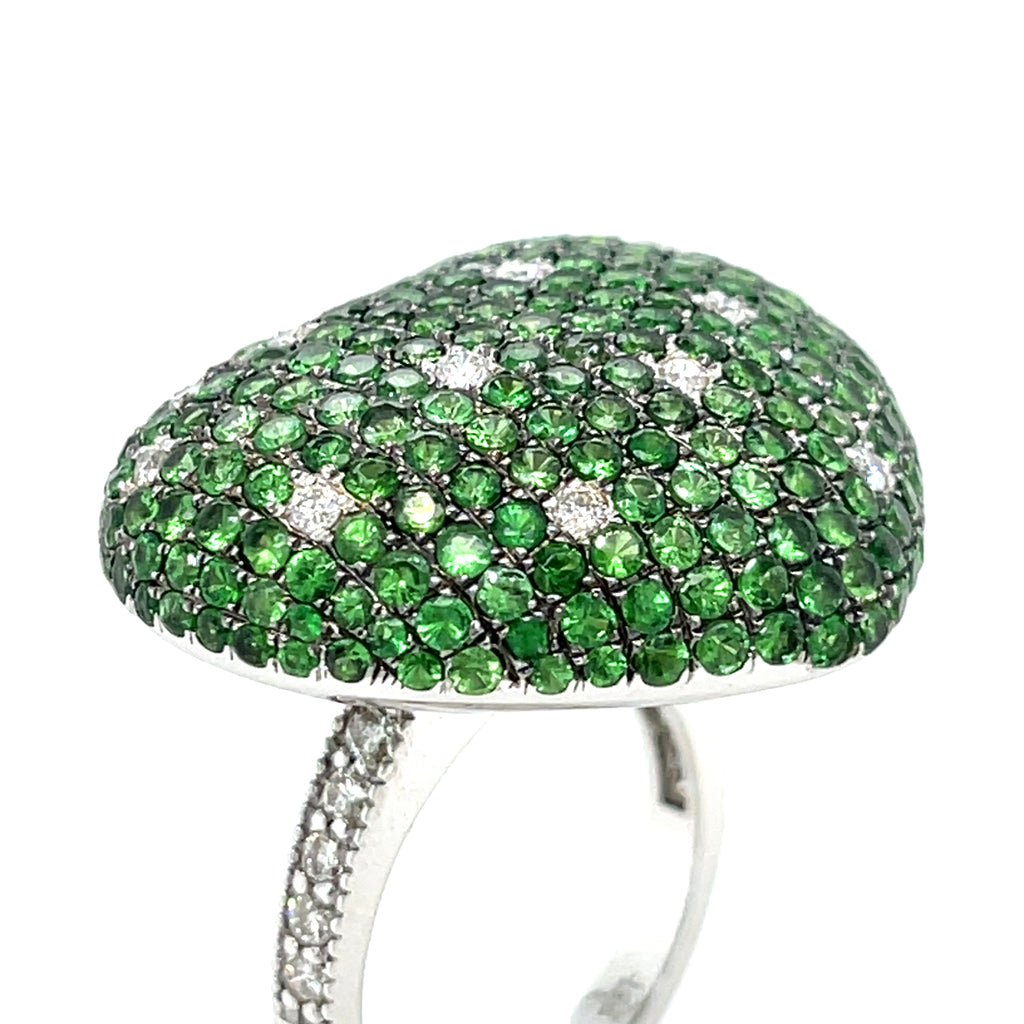 18K White Gold Heart Bombe Ring 4.60 ct Tsavorite and 0.30 ct Diamond Size 7