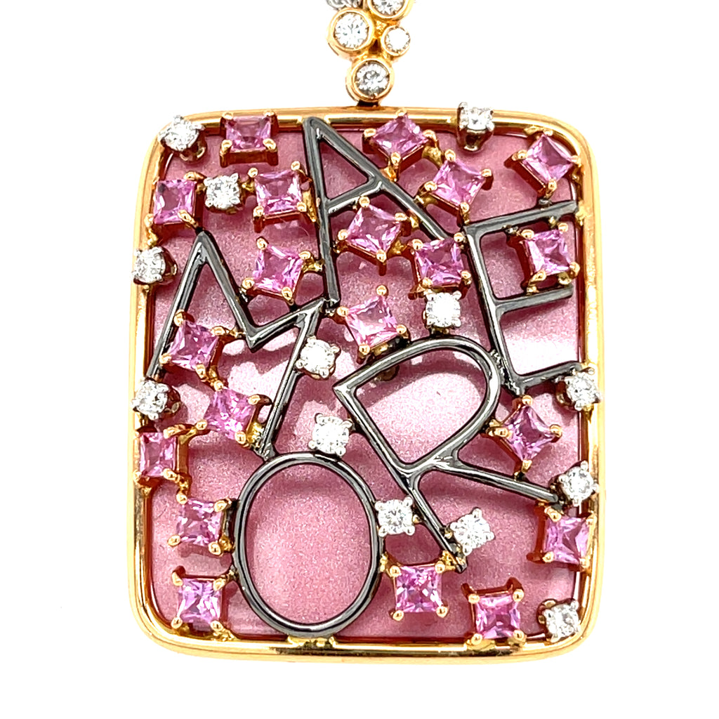 18k Yellow Gold Diamond, Pink Sapphire, Enamel Pendant w/ 16" Multi-Chain