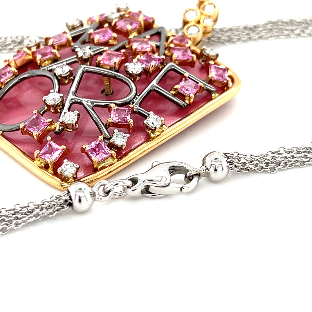 18k Yellow Gold Diamond, Pink Sapphire, Enamel Pendant w/ 16" Multi-Chain