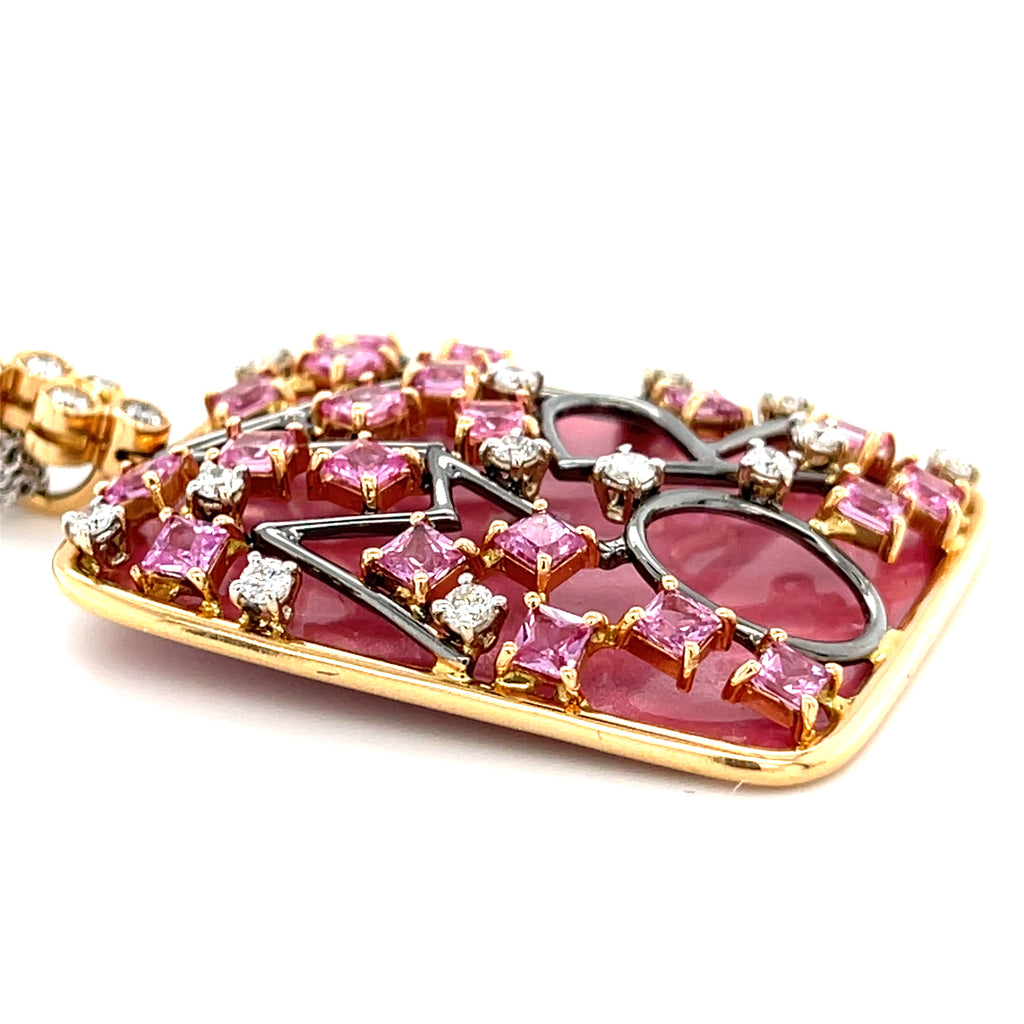 18k Yellow Gold Diamond, Pink Sapphire, Enamel Pendant w/ 16" Multi-Chain